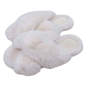 Stars Above Paris Slide Slippers Faux Fur Criss Cross‎ Open Toe Plush Ivory 7/8